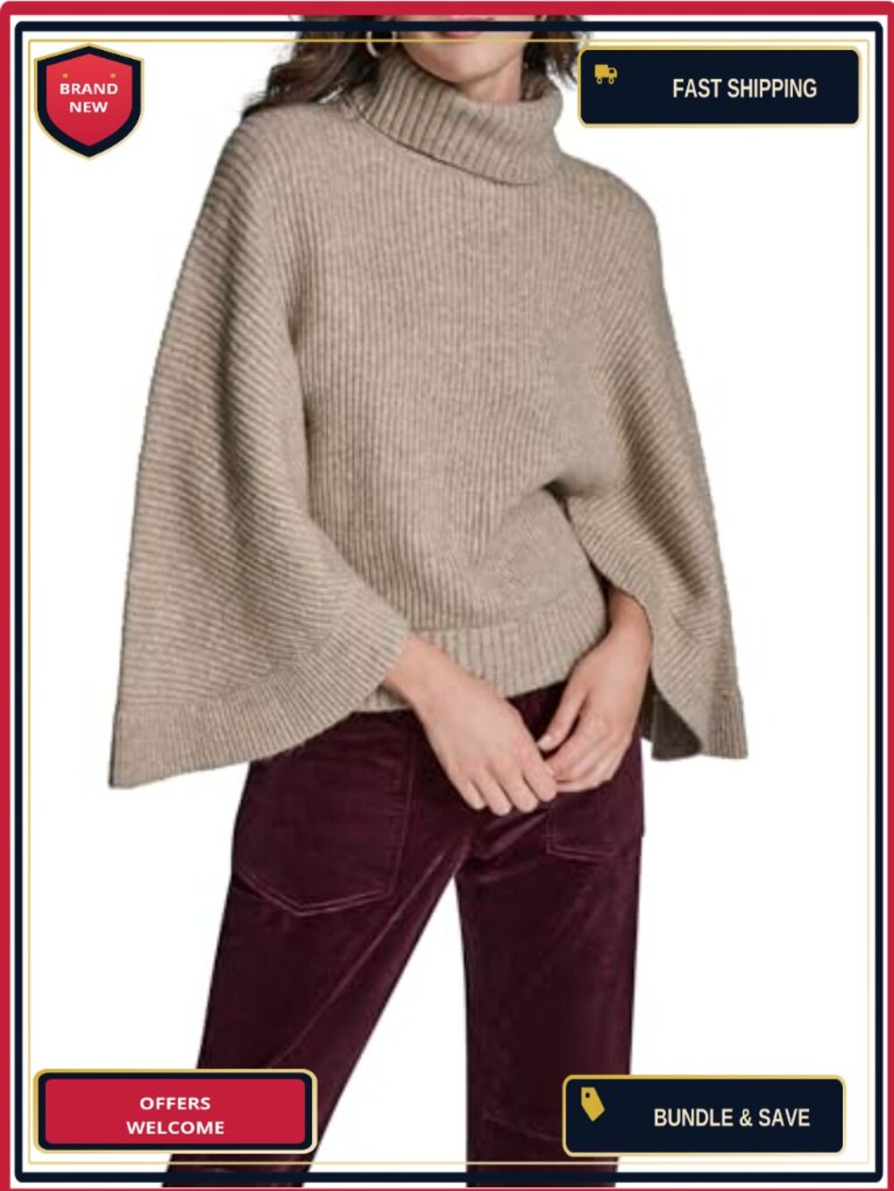 Women's Ribbed Poncho Turtleneck Pullover Sweater with Cozy Warmth
